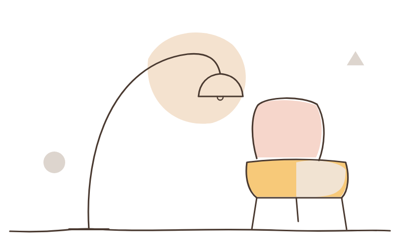 Line drawing of an arc lamp and lounge chair