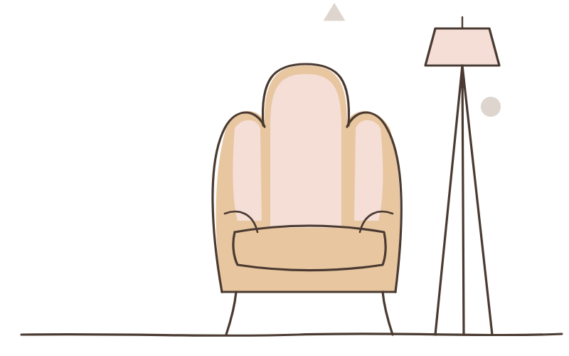 Line drawing of an armchair and floor lamp