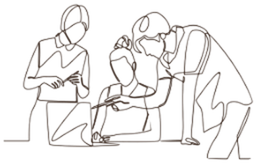 Line drawing of a design team reviewing plans
