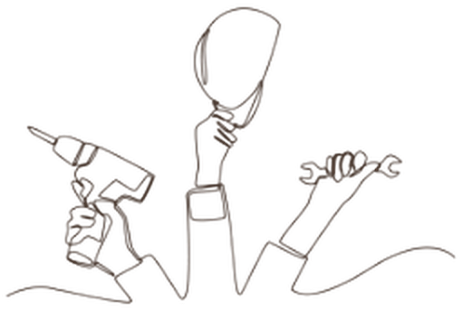 Line drawing of hands holding a drill, wrench and safety helmet