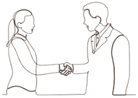 Line drawing of a client and designer shaking hands